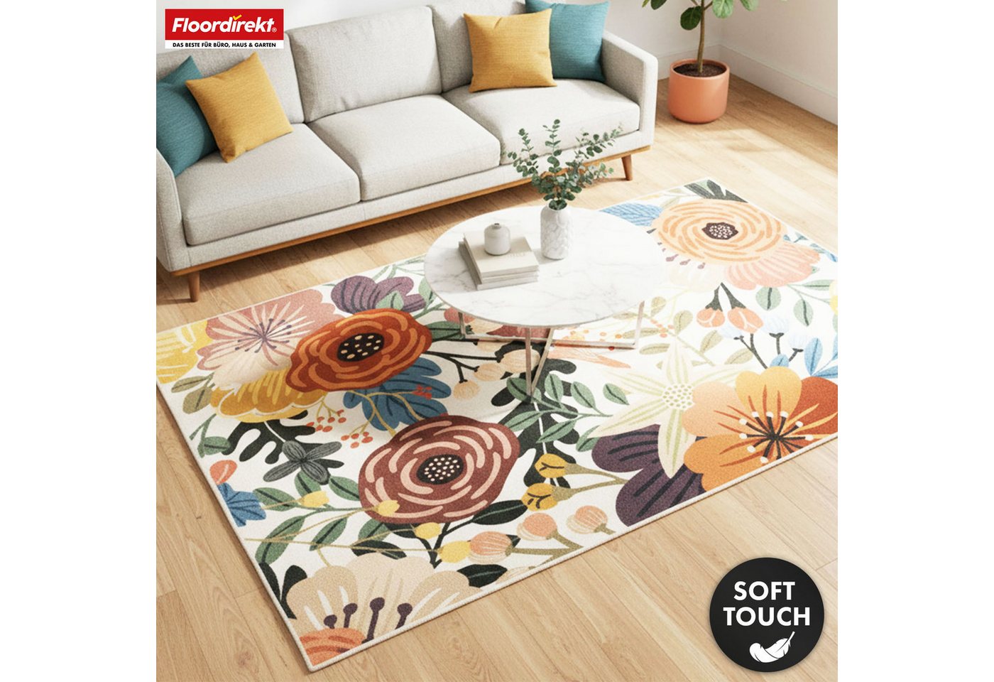 Floordirekt Teppich Fleur mit Blumenmuster, rutschfest & pflegeleicht aus Polyamid, rechteckig, Kurzflor Wohhnteppich für Flur, Wohnzimmer & Schlafzimmer, 160x230 cm Bild 3