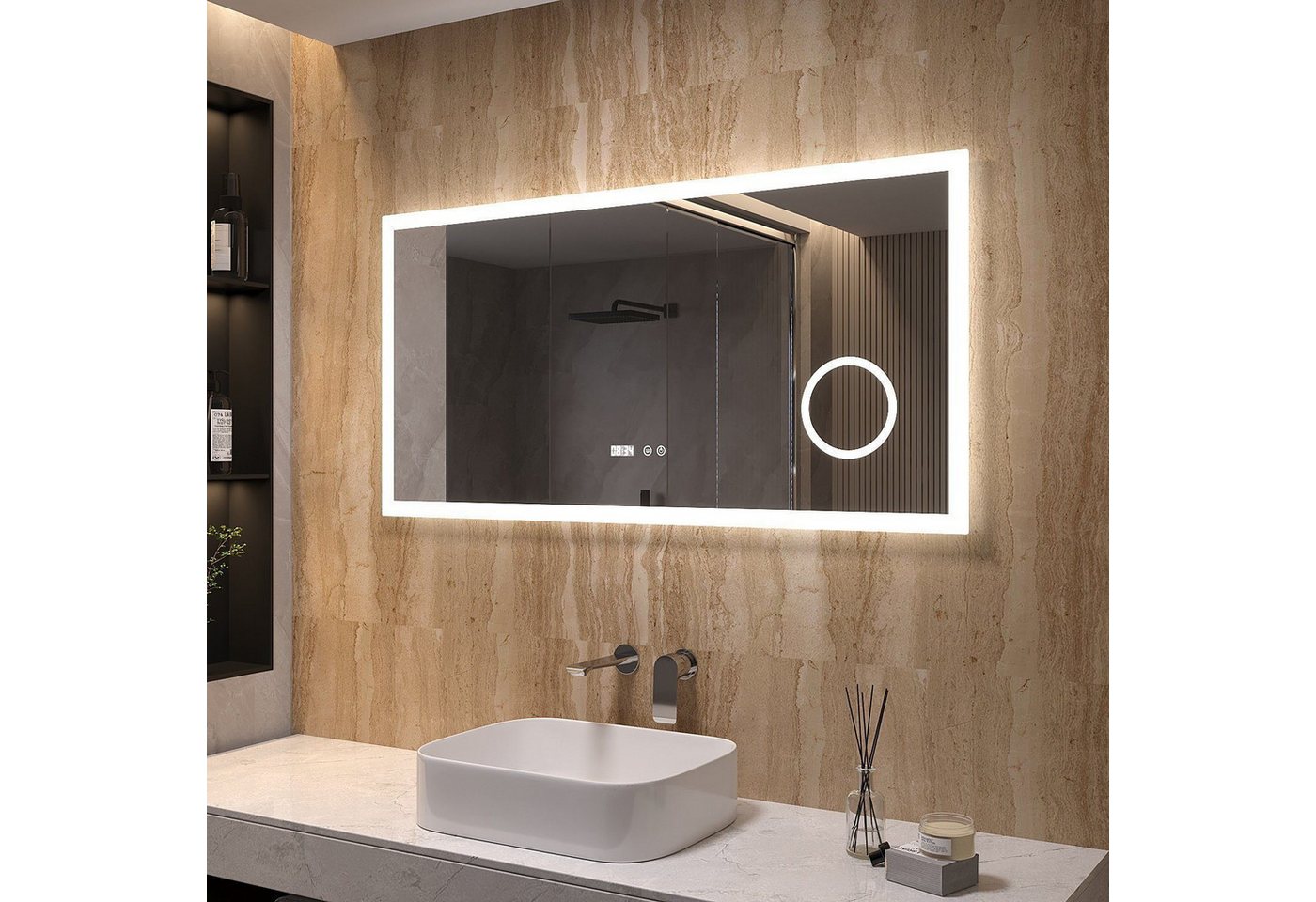 AQUALAVOS Badspiegel LED Badspiegel 120x60cm mit 3X Vergrößerung Schminkspiegel Digitaluhr, Beschlagfrei Wandmontage inkl. leicht verständlicher Montageanleitung