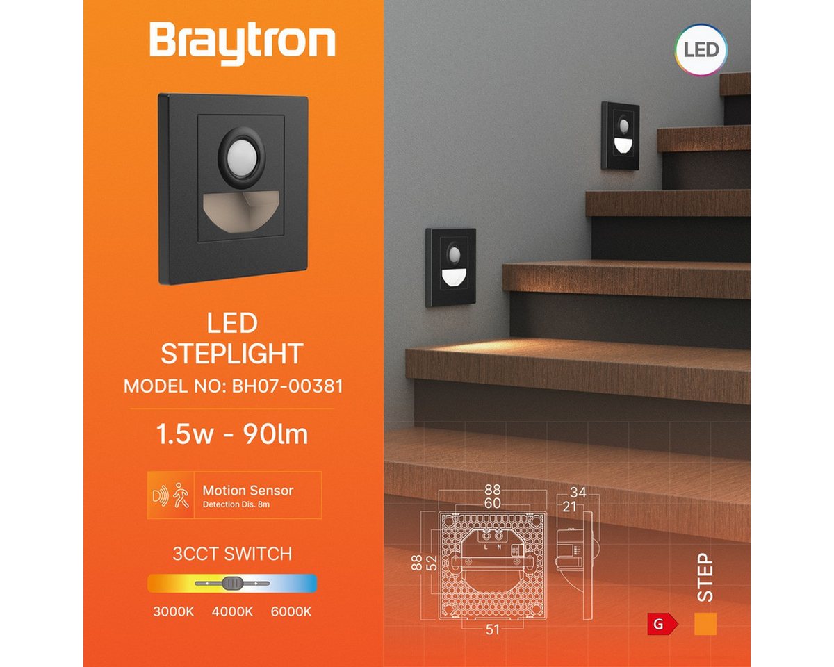 Braytron LED Wandleuchte Treppenlicht 1,5W mit Bewegungsmelder Stufenbeleuchtung 3CCT, LED fest integriert, Neutralweiß, Kaltweiß, Warmweiß, Energieeffizient, Flimmerfrei, Einfache Montage Bild 2