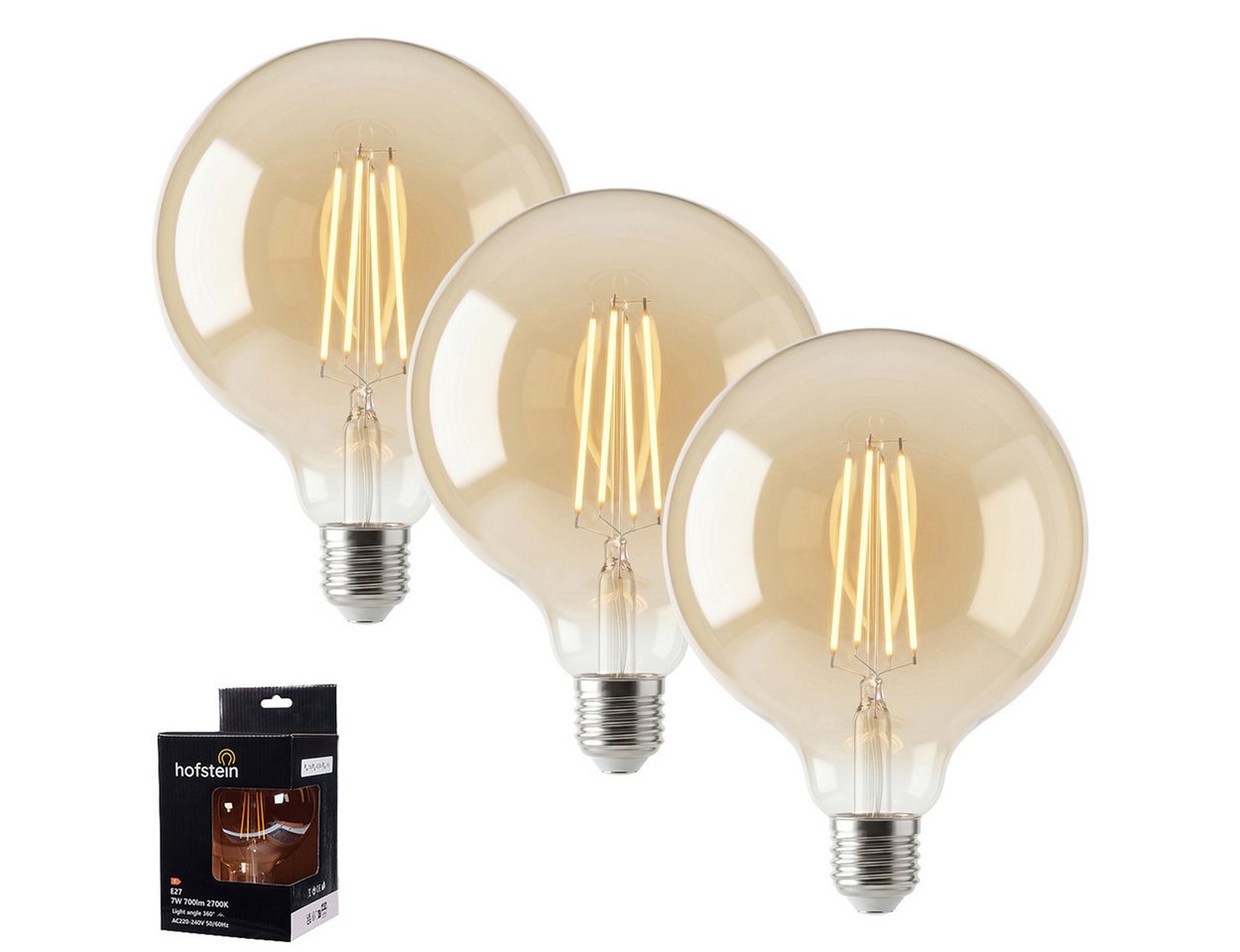 hofstein LED-Leuchtmittel 3er Set Glühbirne Warmweiß dimmbar 6 Watt, E27, 2700 Kelvin, 600 Lumen, Globe Vintage, Filament, Amber Bild 5