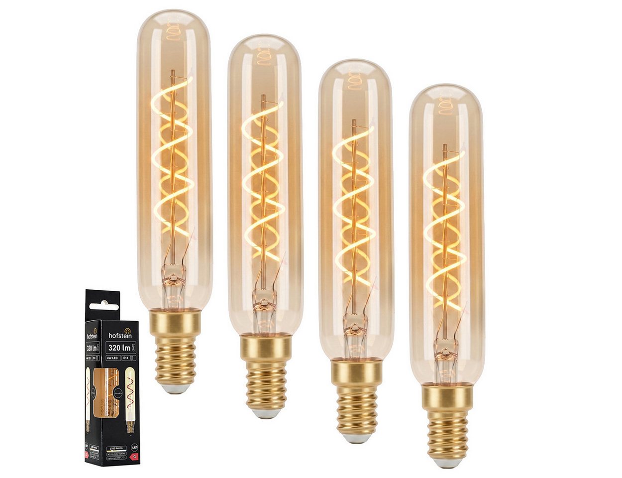 hofstein LED-Leuchtmittel 4er Set Glühbirne Warmweiß dimmbar 4 Watt, E14, 2700 Kelvin, 320 Lumen, Röhre Vintage, Filament Spirale, Amber