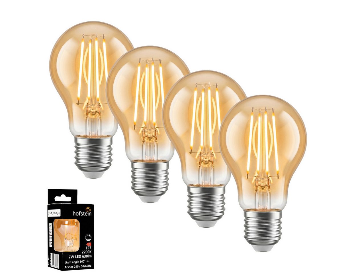 hofstein LED-Leuchtmittel 4er Set Glühbirne Extra Warmweiß dimmbar 7 Watt, E27, 2200 Kelvin, 630 Lumen, Klassisch, Filament, Amber Bild 5