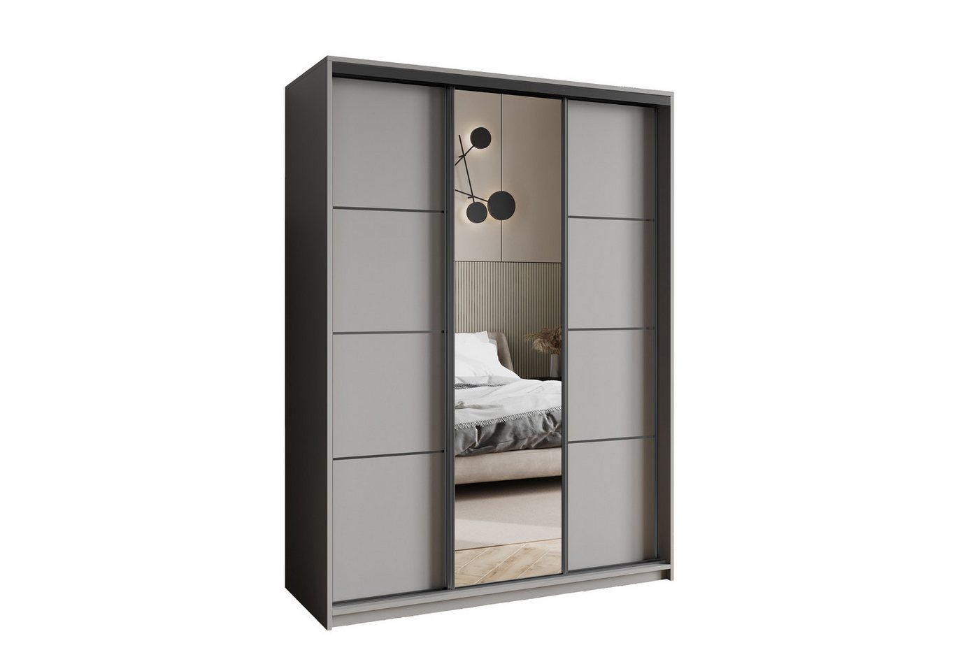 Masseno Schwebetürenschrank VARO 150 cm Kleiderschrank mit Spiegel 3 Türen Graphitfarben Bild 2