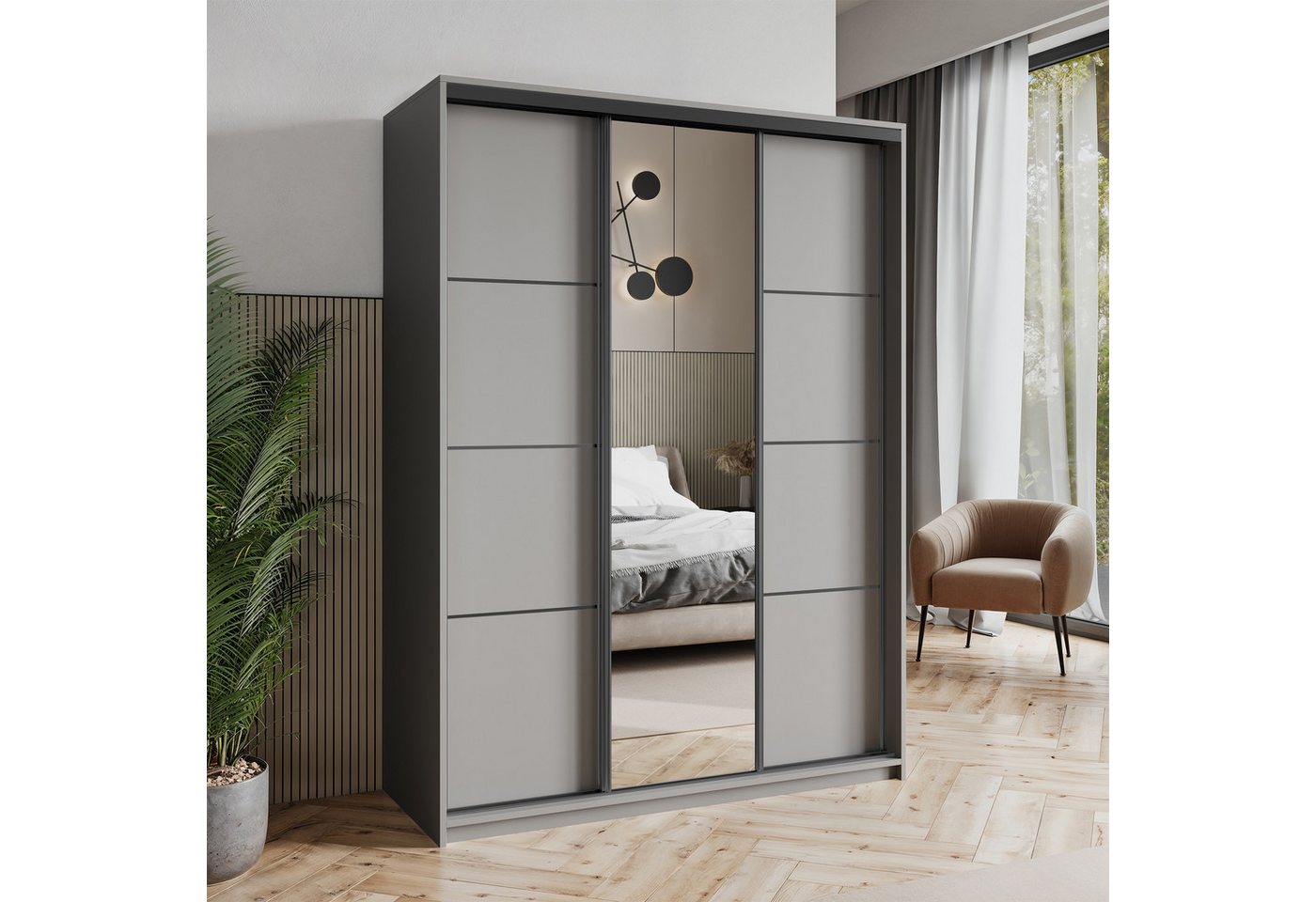 Masseno Schwebetürenschrank VARO 150 cm Kleiderschrank mit Spiegel 3 Türen Graphitfarben Bild 5