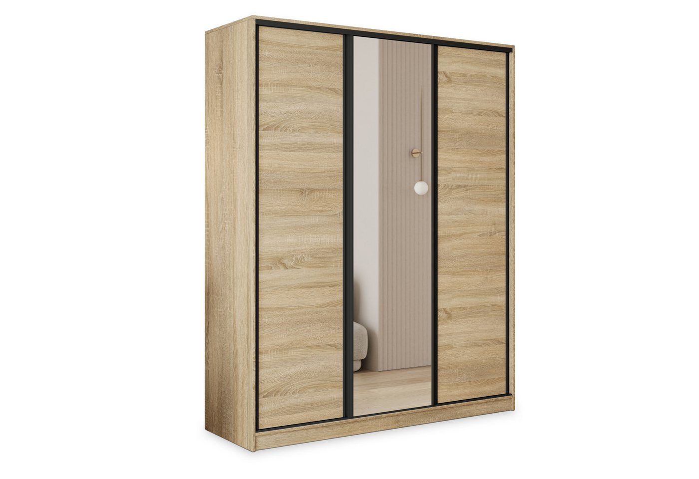 Masseno Schwebetürenschrank TARI 150 cm Kleiderschrank mit Spiegel 3 Türen Eiche Sonoma