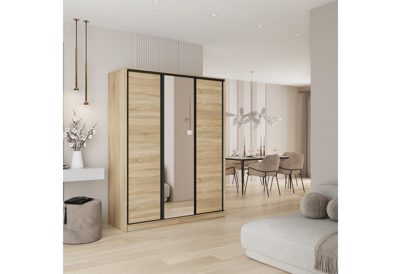 Masseno Schwebetürenschrank TARI 150 cm Kleiderschrank mit Spiegel 3 Türen Eiche Sonoma Bild 4