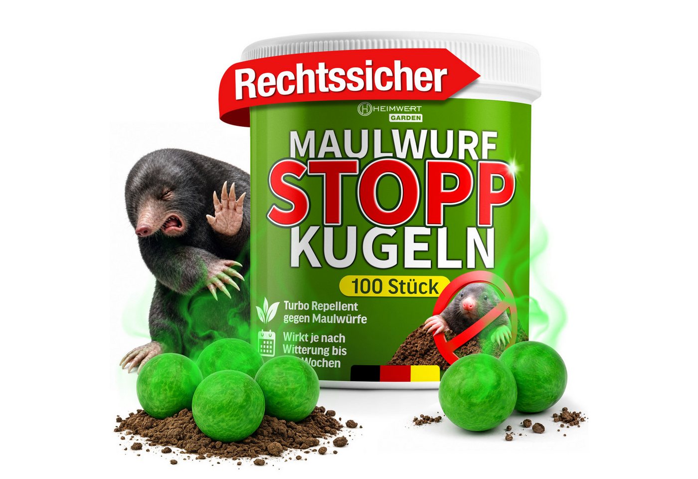 HEIMWERT Vergrämungsmittel Heimwert Maulwurfkugeln, 100 Stück, 1-St., Vorteilspackung, Giftfrei, geräuschlos, Langzeitwirkung bis zu 85 Tage, Made in Germany