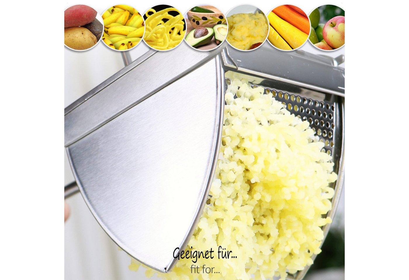 com-four Kartoffelpresse Kartoffelpresse aus rostfreiem Edelstahl (1 St), spülmaschinengeeignet - Spätzlepresse - Spaghettieispresse