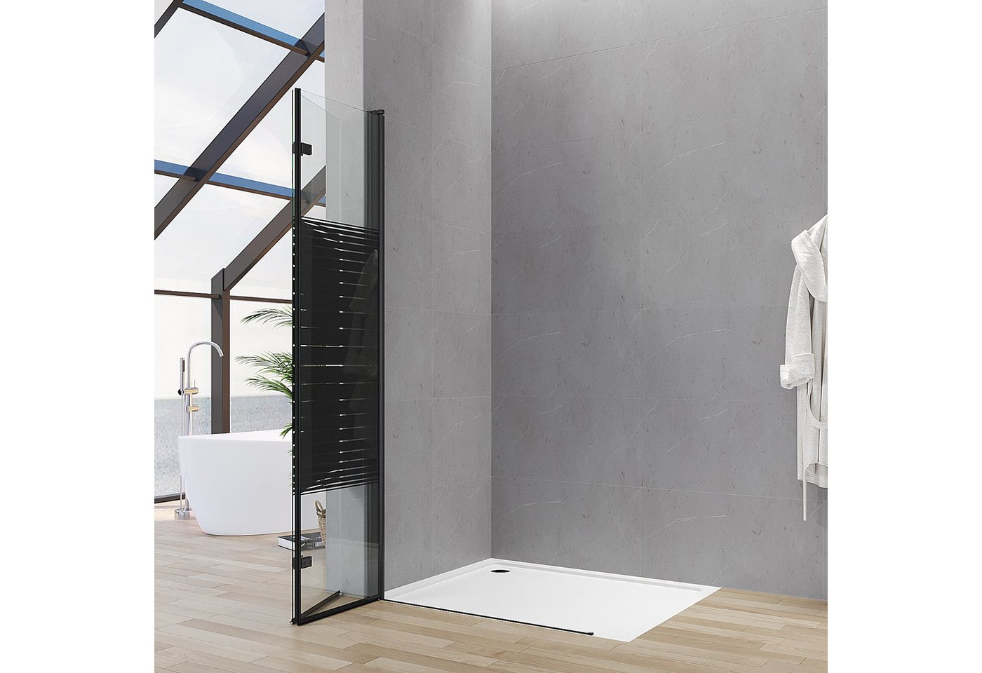 AQUALAVOS Walk-in-Dusche Duschwand mit klappbarem Faltelement aus 5mm ESG Schwarz Streifendekor, 5mm ESG, 15 mm Wandausgleich Heb-/Senk-Funktion Aluminiumrahmen Runder Griff