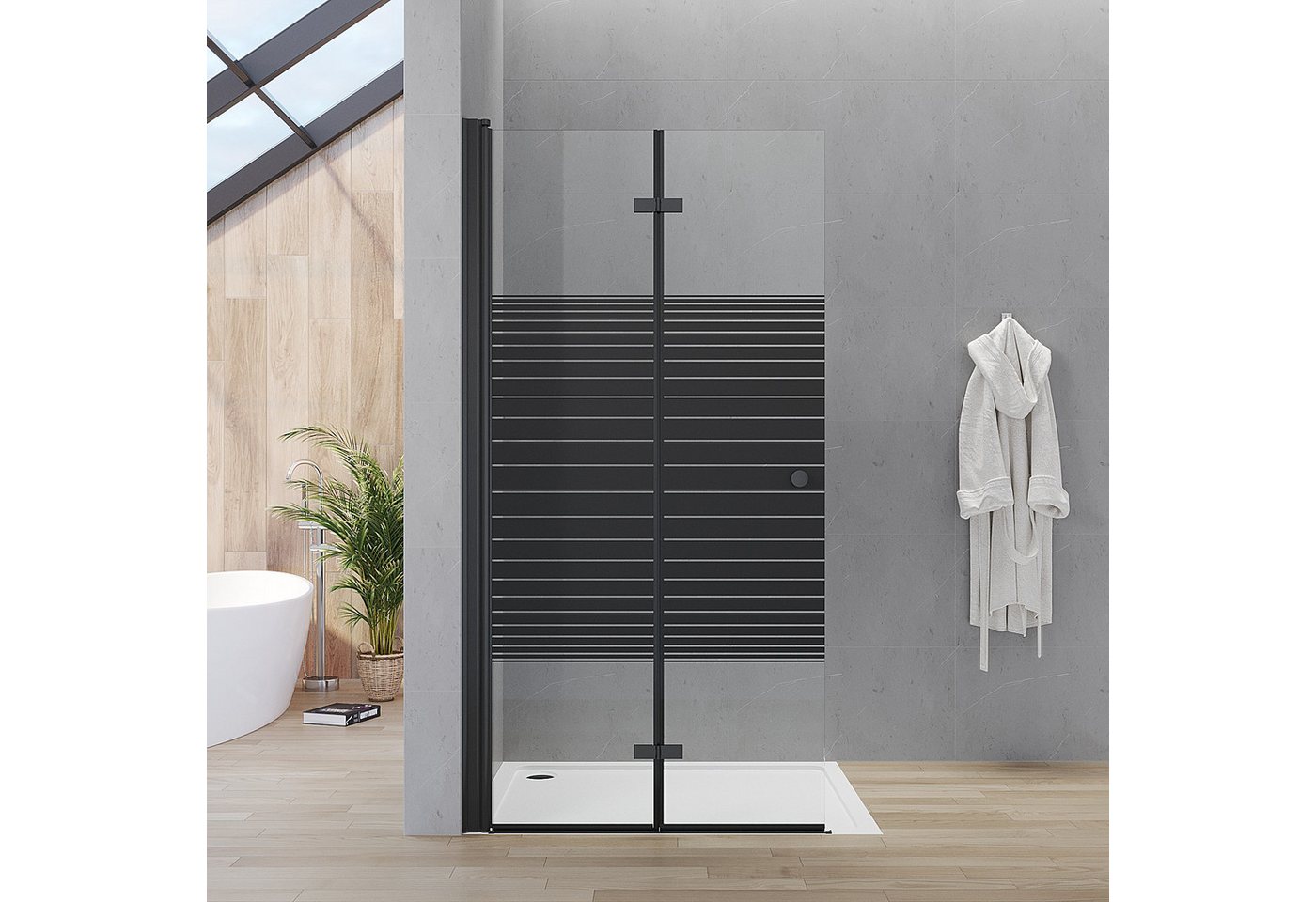 AQUALAVOS Walk-in-Dusche Duschwand mit klappbarem Faltelement aus 5mm ESG Schwarz Streifendekor, 5mm ESG, 15 mm Wandausgleich Heb-/Senk-Funktion Aluminiumrahmen Runder Griff Bild 2