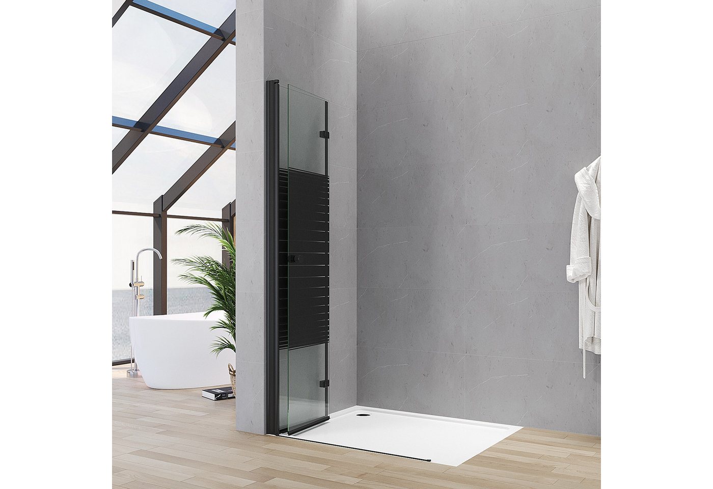 AQUALAVOS Walk-in-Dusche Duschwand mit klappbarem Faltelement aus 5mm ESG Schwarz Streifendekor, 5mm ESG, 15 mm Wandausgleich Heb-/Senk-Funktion Aluminiumrahmen Runder Griff Bild 3