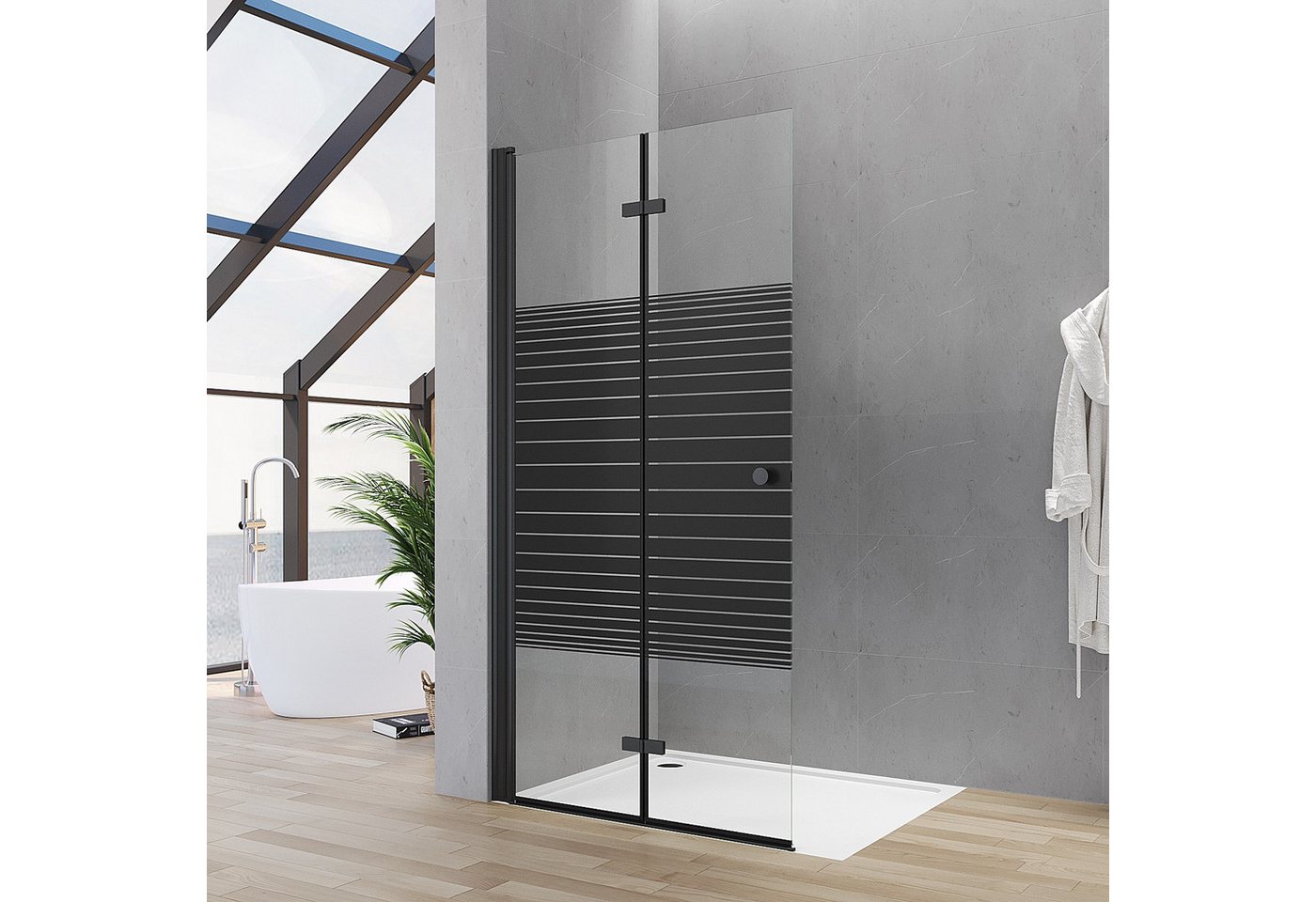 AQUALAVOS Walk-in-Dusche Duschwand mit klappbarem Faltelement aus 5mm ESG Schwarz Streifendekor, 5mm ESG, 15 mm Wandausgleich Heb-/Senk-Funktion Aluminiumrahmen Runder Griff Bild 4