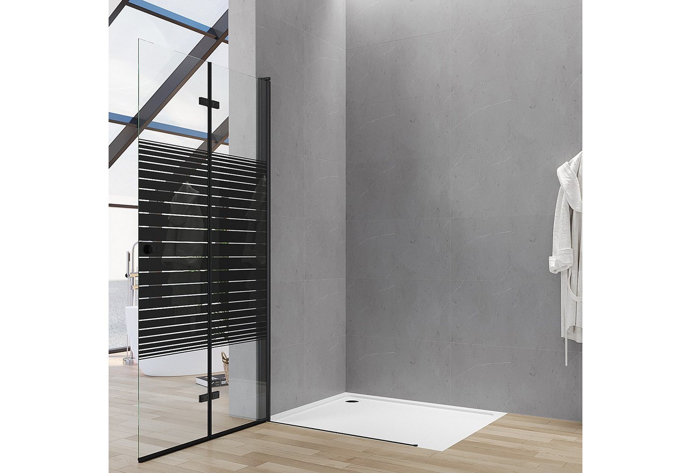 AQUALAVOS Walk-in-Dusche Duschwand mit klappbarem Faltelement aus 5mm ESG Schwarz Streifendekor, 5mm ESG, 15 mm Wandausgleich Heb-/Senk-Funktion Aluminiumrahmen Runder Griff Bild 5