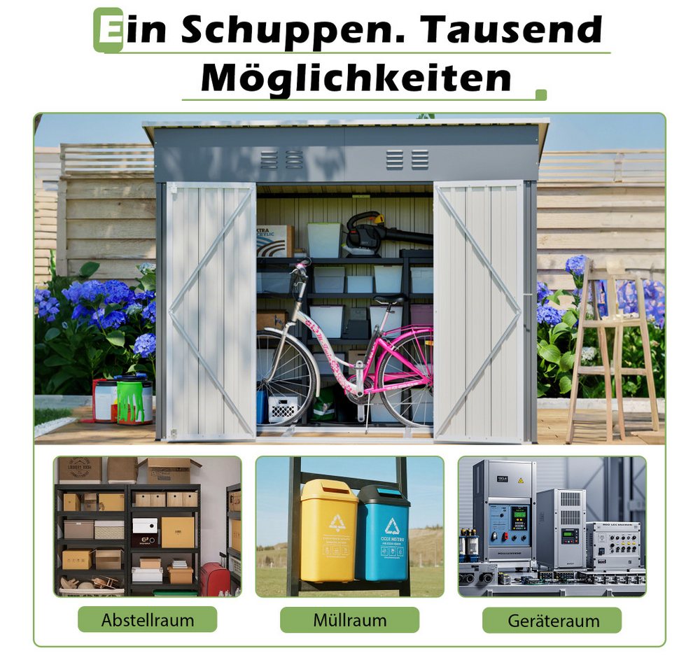 BBWL Gerätehaus mit Doppeltüren, Werkzeugschuppen aus Stahl mit Belüftung, Bodenrahmen, BxT: 242x120 cm, Metall-Gartenschuppen 4x8 m, Wetterschutz für Garten & Terrasse Bild 2