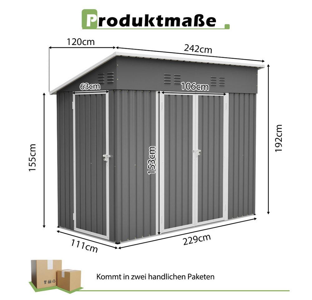 BBWL Gerätehaus mit Doppeltüren, Werkzeugschuppen aus Stahl mit Belüftung, Bodenrahmen, BxT: 242x120 cm, Metall-Gartenschuppen 4x8 m, Wetterschutz für Garten & Terrasse Bild 5