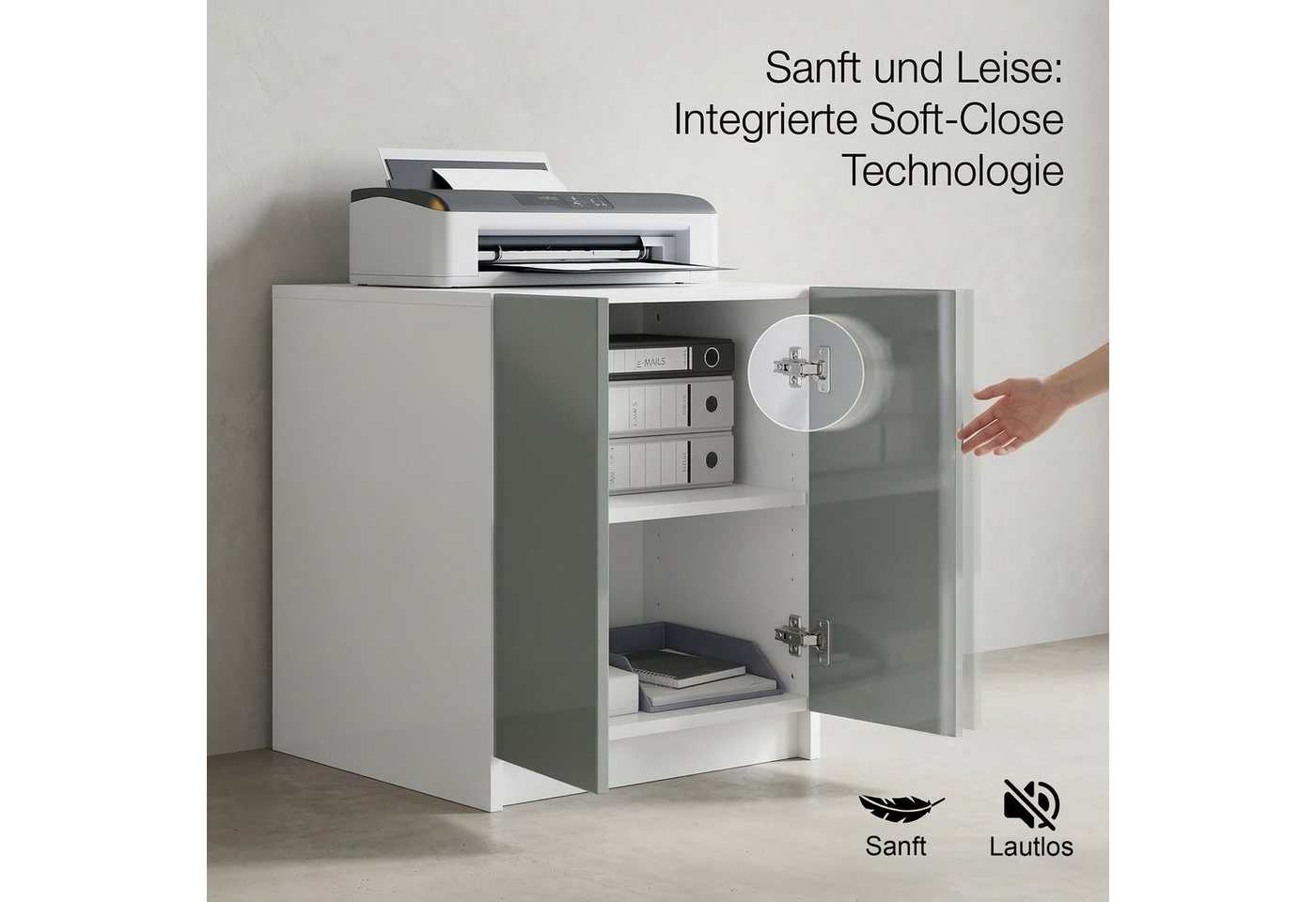 InnoFurn Aktenschrank Elona Druckerkommode (Druckerkommode, Extra Tief für Drucker) Druckerschrank Soft-Close & Push-to-Open, Made in Germany