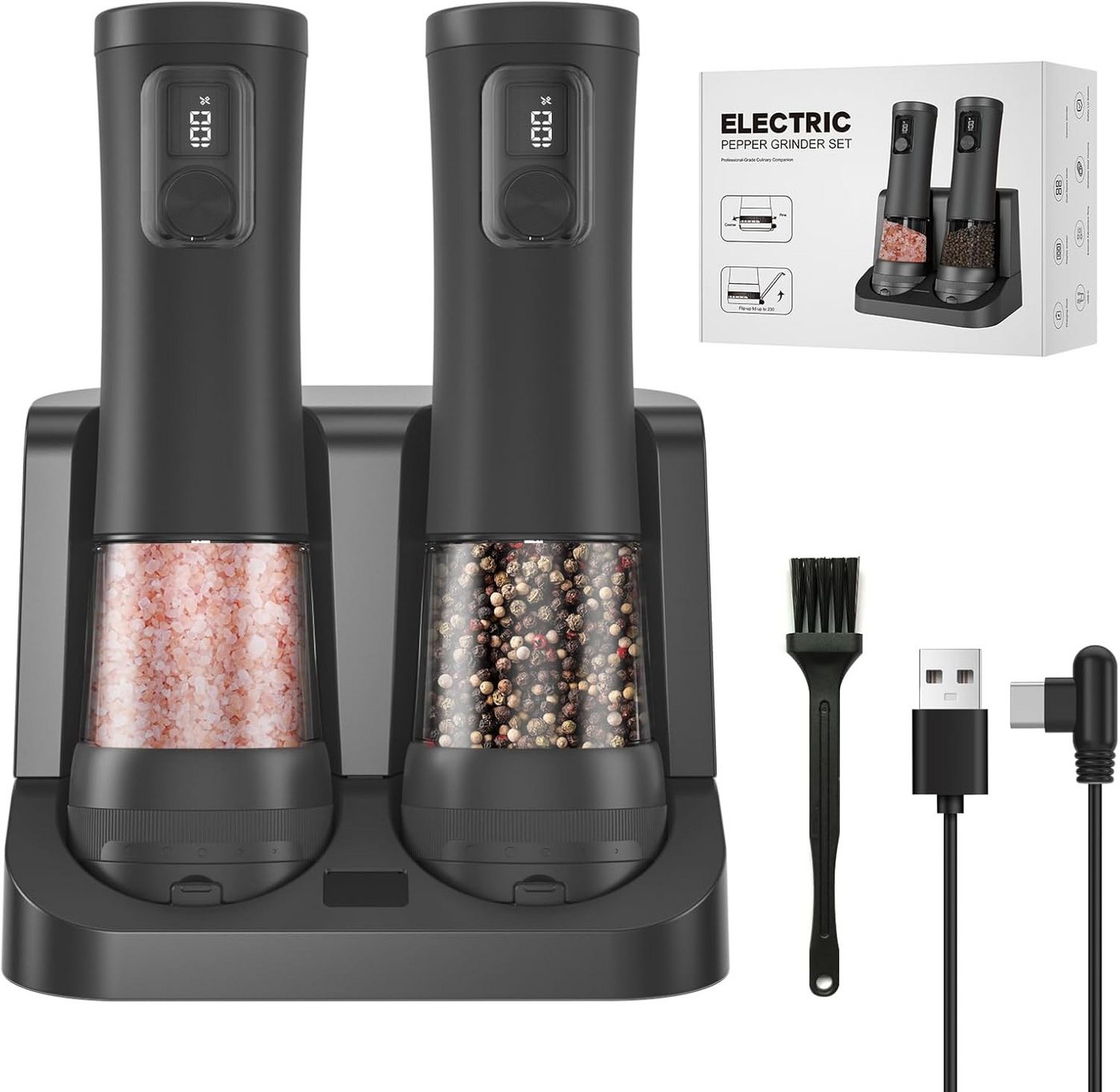 Luckice Salzmühle Elektrische Salz- und Pfeffermühle 2er-Set, 5-stufig einstellbar Akku, Gewürzmühle,Salz-/Pfeffermühle Elektrisch,Digitalanzeige Bild 2