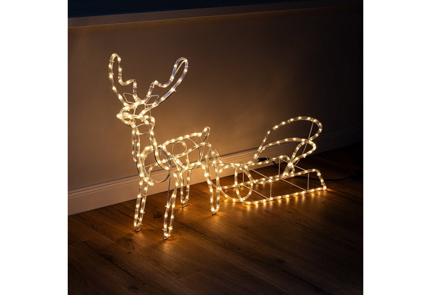 BONETTI LED-Lichterschlauch LED Rentier mit Schlitten, 11 m Lichterschlauch, 264 Lichter, innen & außen, warm-weiß beleuchtet, 160 x 30 x 68 cm, Metall-Heringe Bild 2