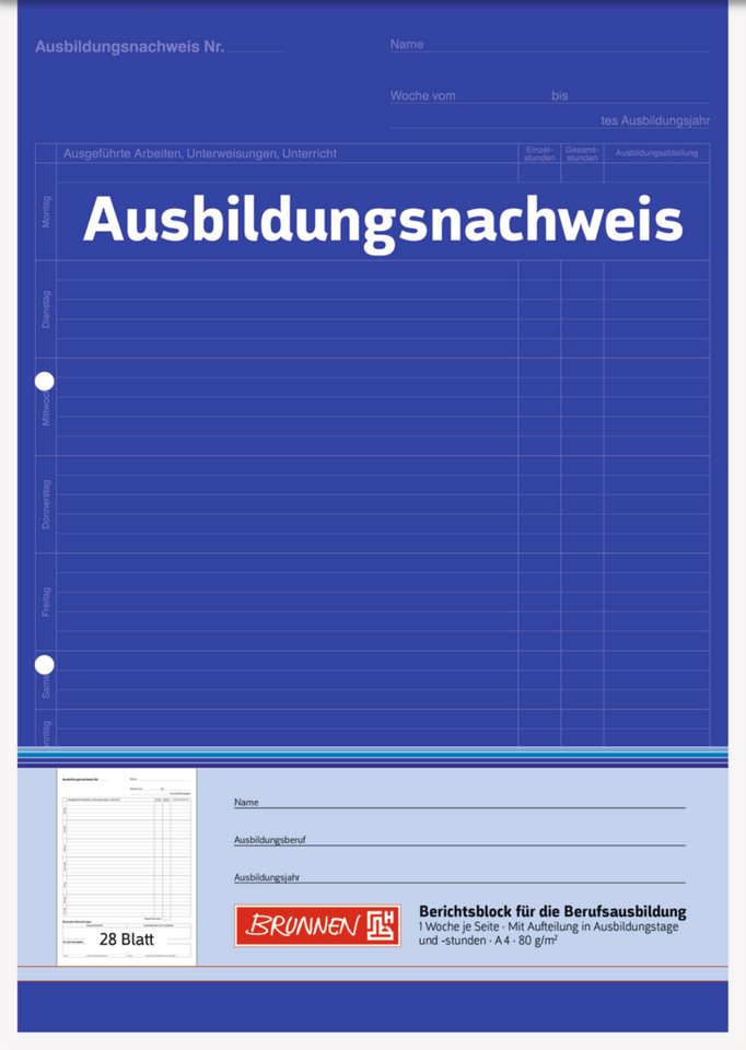 BRUNNEN Formularblock Ausbildungsnachweisblock A4 1 Woche je Seite unterteilt in Ausbildungs Bild 2
