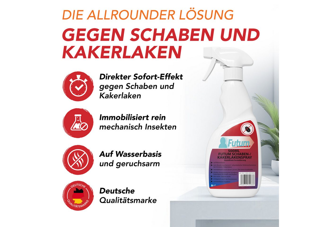 FUTUM Insektenspray Kakerlaken Spray Schaben Spray Küchenschaben Abwehr, 0.75 l, biozidfreie Formel, auf Wasserbasis, geruchsarm, brennt / ätzt nicht