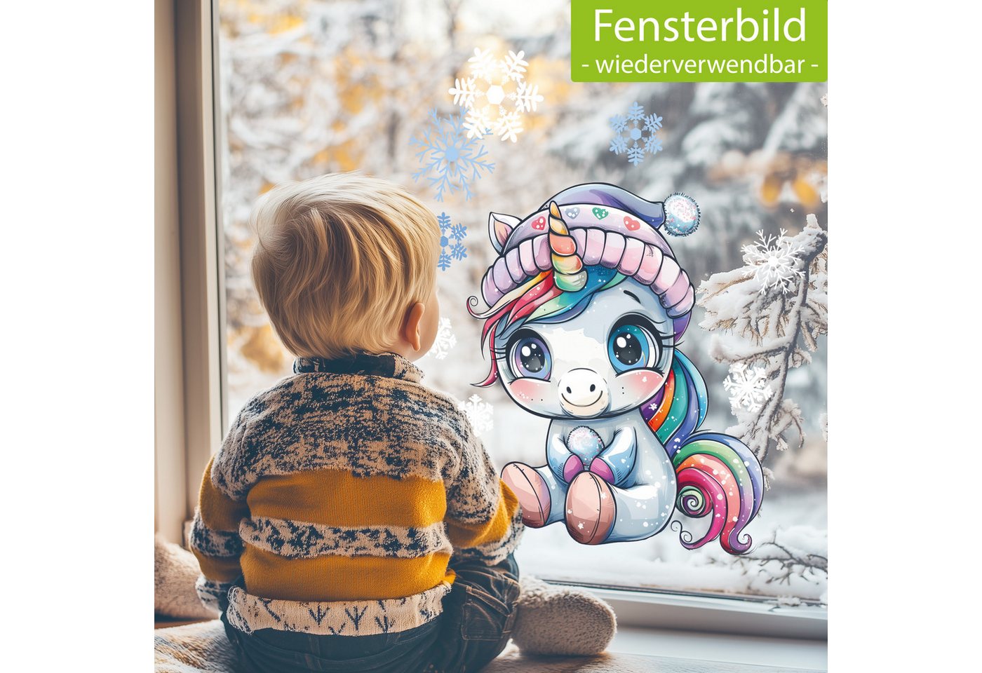 Sunnywall Fensterdekoration wiederverwendbares Fensterbild Winter Einhorn Regenbogen, wiederverwendbar, statisch haftend, beidseitiger Druck