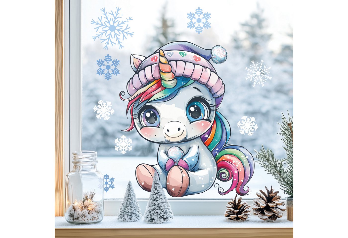 Sunnywall Fensterdekoration wiederverwendbares Fensterbild Winter Einhorn Regenbogen, wiederverwendbar, statisch haftend, beidseitiger Druck Bild 2