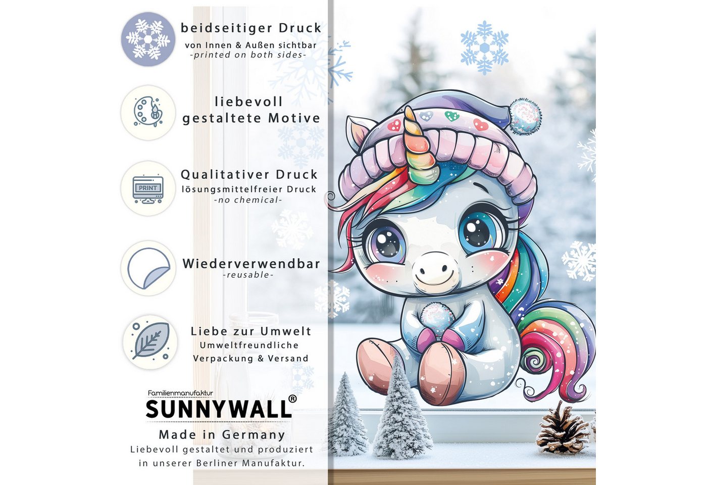 Sunnywall Fensterdekoration wiederverwendbares Fensterbild Winter Einhorn Regenbogen, wiederverwendbar, statisch haftend, beidseitiger Druck Bild 3