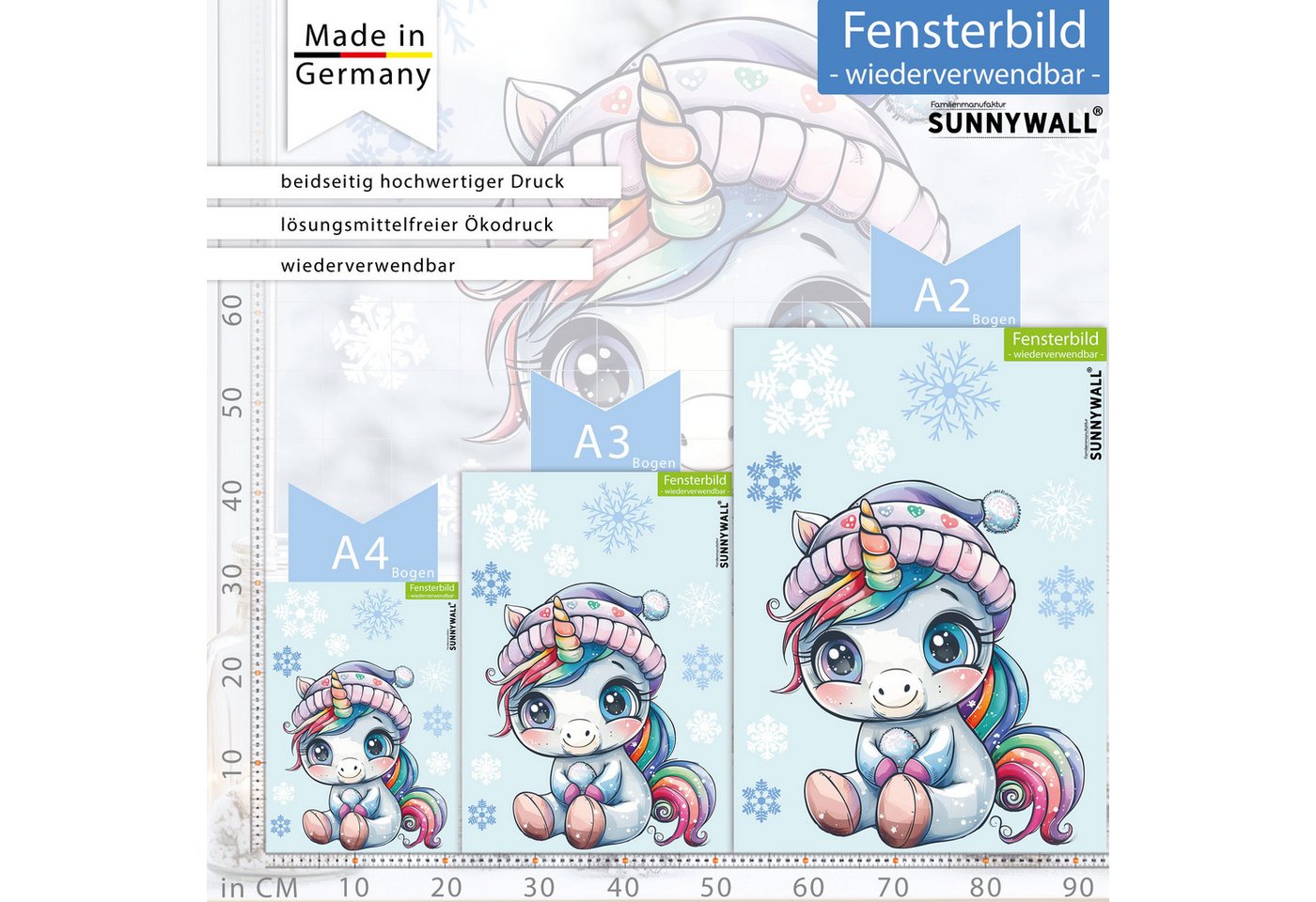 Sunnywall Fensterdekoration wiederverwendbares Fensterbild Winter Einhorn Regenbogen, wiederverwendbar, statisch haftend, beidseitiger Druck Bild 4