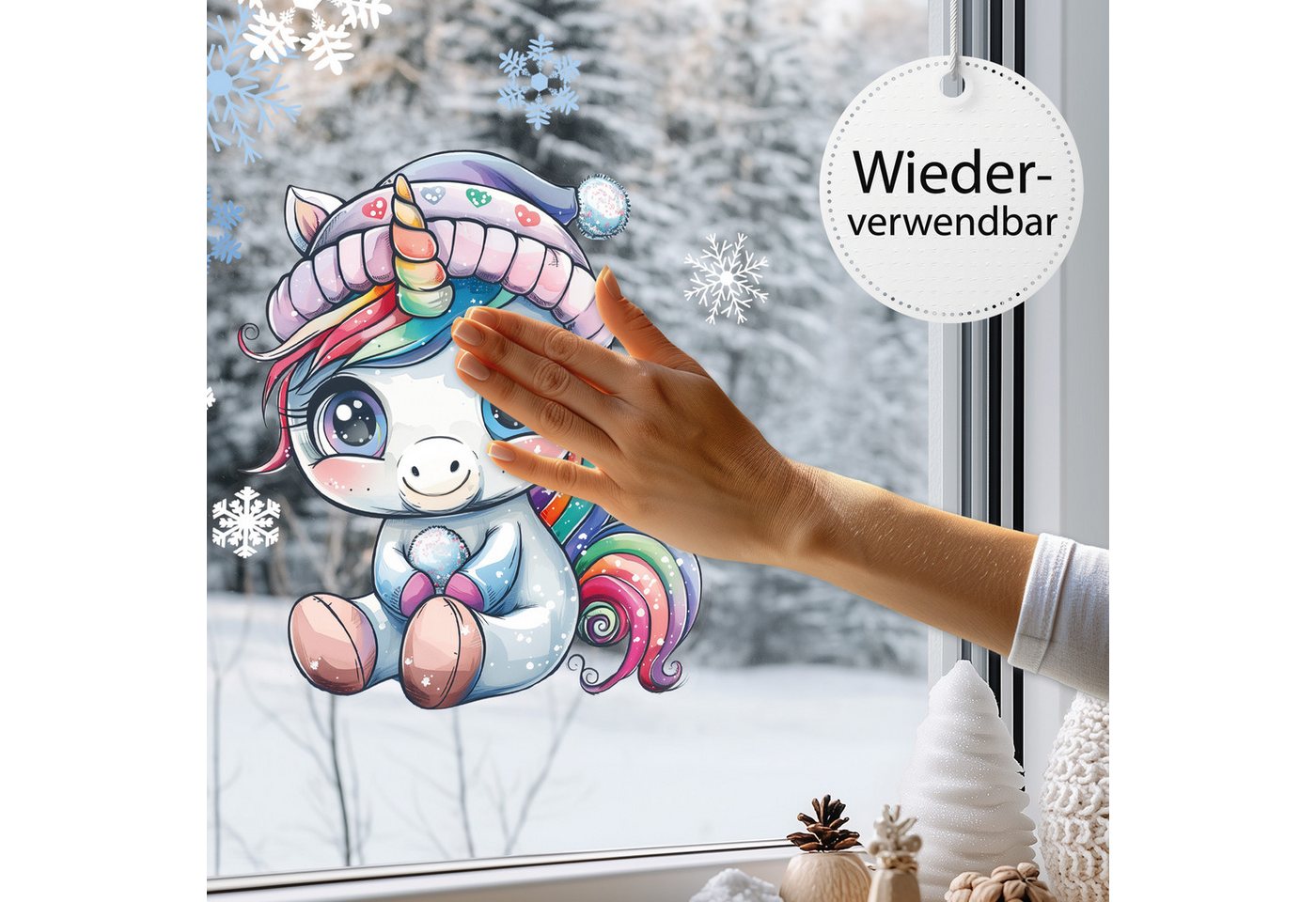 Sunnywall Fensterdekoration wiederverwendbares Fensterbild Winter Einhorn Regenbogen, wiederverwendbar, statisch haftend, beidseitiger Druck Bild 5