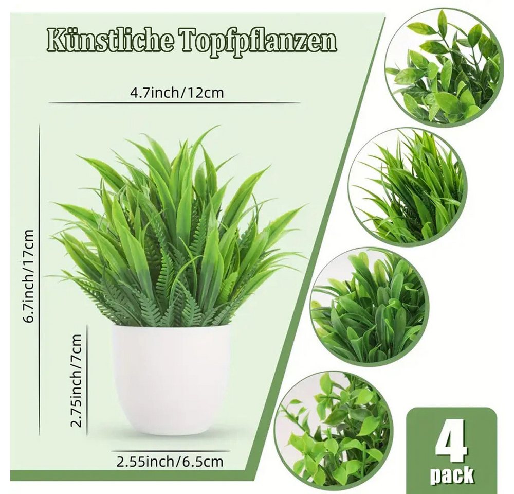 Kunstpflanze 4 künstliche Pflanzen mit Topf, kleine künstliche Pflanzen-Dekoration, Coonoor, geeignet für Wohnzimmer- und Bürodekoration Bild 3