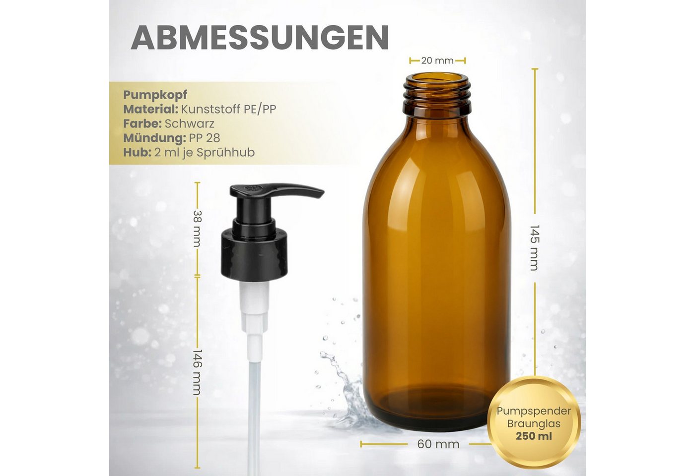 mikken Seifenspender 2x Lotionspender 250 ml braunglas mit Pumpaufsatz und Trichter, (2er Set), UV-Schutz, Apothekerqualität, Lebensmittelecht Bild 2