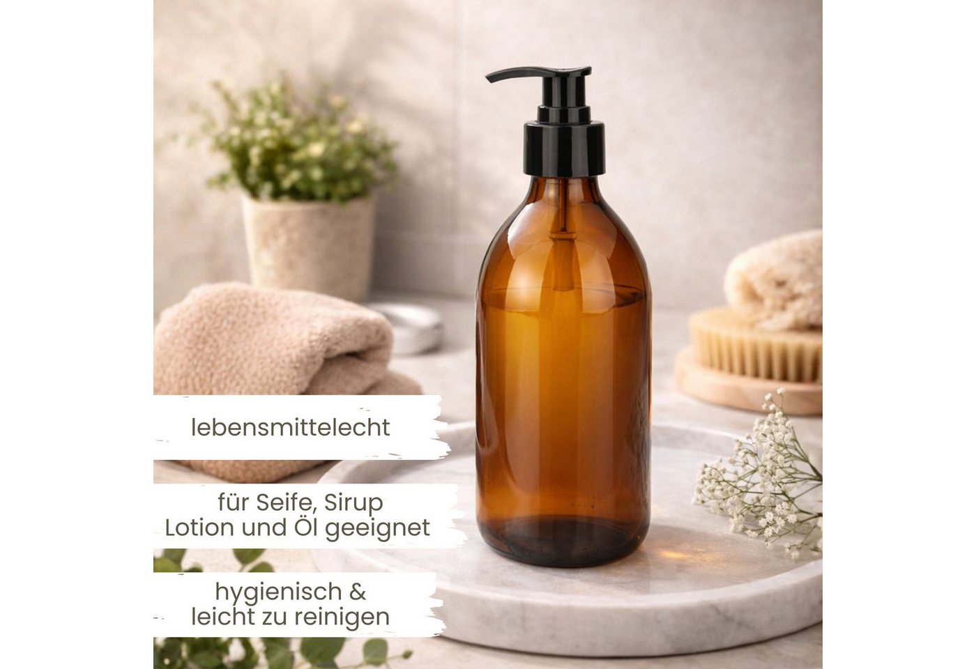mikken Seifenspender 2x Lotionspender 250 ml braunglas mit Pumpaufsatz und Trichter, (2er Set), UV-Schutz, Apothekerqualität, Lebensmittelecht Bild 3