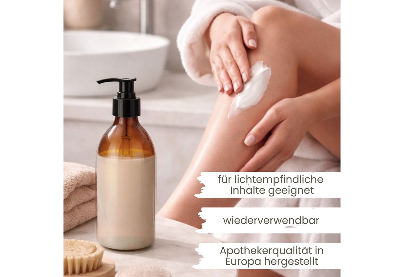 mikken Seifenspender 2x Lotionspender 250 ml braunglas mit Pumpaufsatz und Trichter, (2er Set), UV-Schutz, Apothekerqualität, Lebensmittelecht Bild 5
