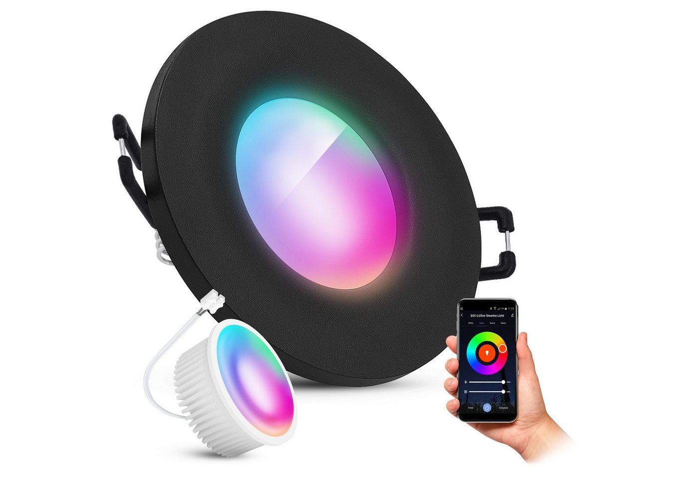 SSC-LUXon LED Außen-Deckenleuchte Einbauspot BEDA Schwarz IP65 mit LED Birne Smart RGB WLAN Deckenlampe, Smart