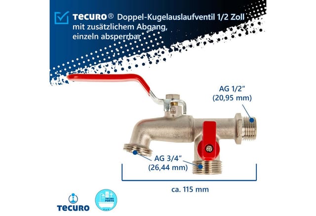 Tecuro - Doppel-Auslaufhahn Kugelauslaufventil mit zusätzlichem Abgang, Messing matt verchromt