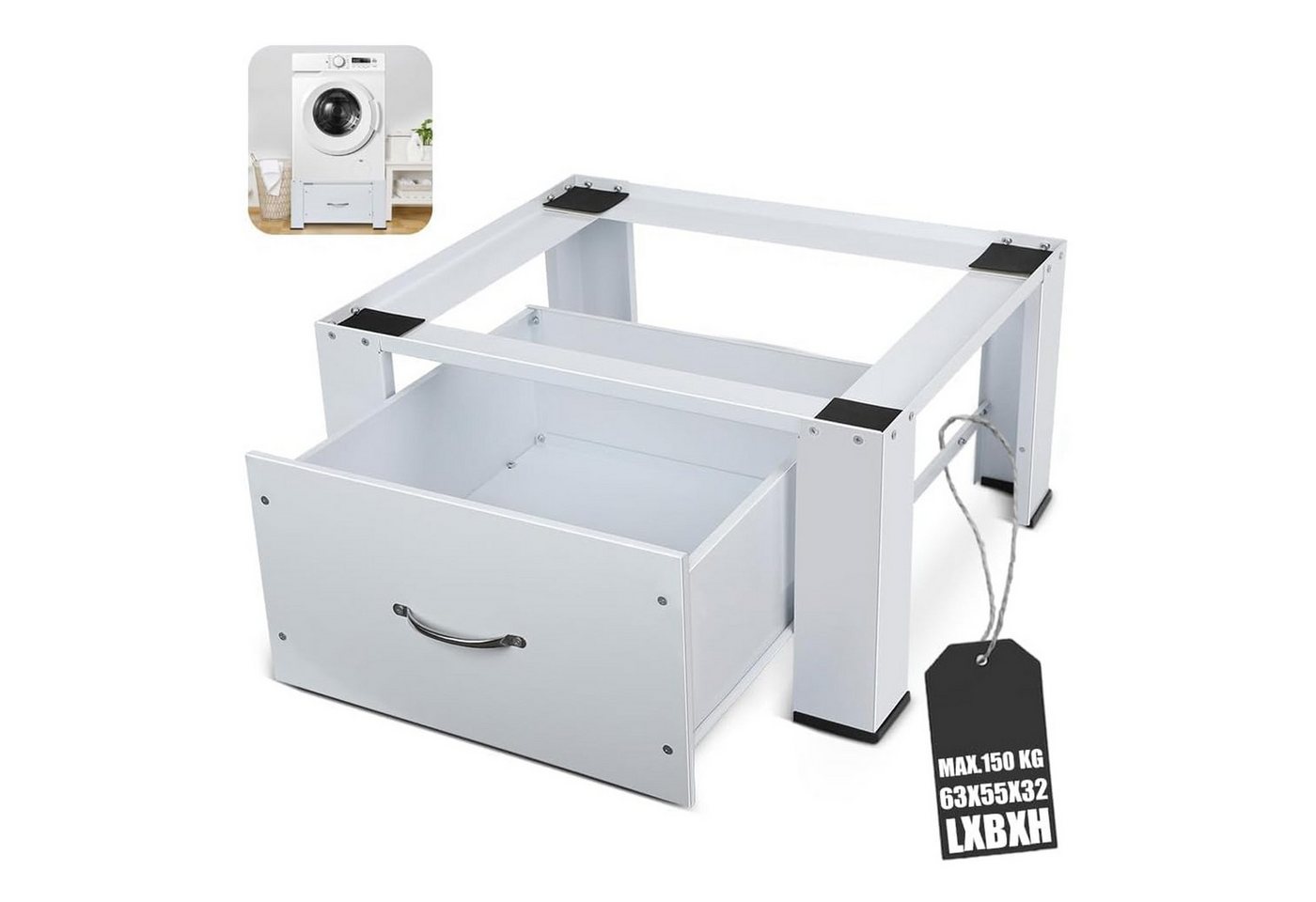XIIW Waschmaschinenuntergestell Verstärkt Schublade Podest H32cm Waschmaschinen Untergestell Unterbau, Zubehör für Stabil Stahl Unter Schrank bis 150KG 64x54x32cm, mit Rutschfester Füße Waschmaschinenunterschrank
