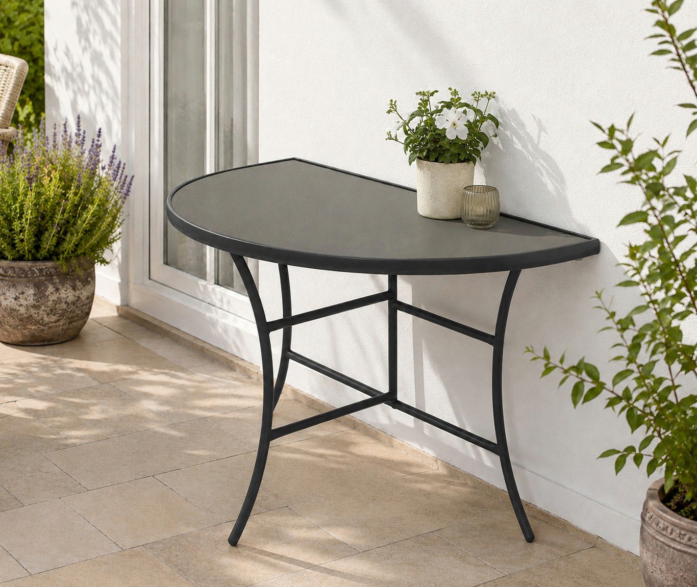 DEGAMO Gartentisch PALERMO, Anstelltisch halbrund 58x110cm, Metall anthrazit, Glas grau Bild 3