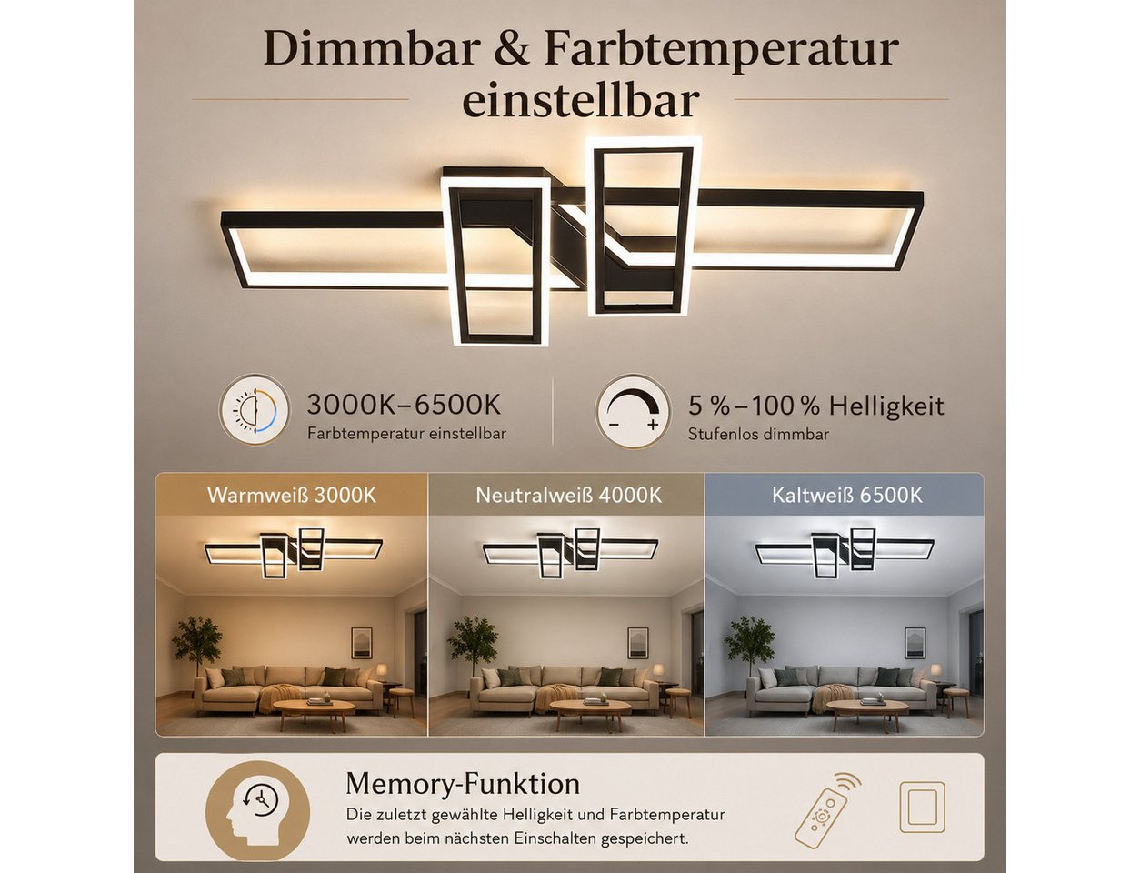 Fyrove Deckenleuchten LED Deckenlampe 94W Dimmbar mit Fernbedienung 3000-6500k, Dimmbar Hängeleuchte Aluminium, LED fest integriert Hängeleuchte Wohnzimmer Schlafzimmer Arbeitszimmer, LED fest integriert, Neutralweiß, Kaltweiß, Warmweiß, Mit Fernbedienung Esszimmer Dekoration Lampen Bild 3