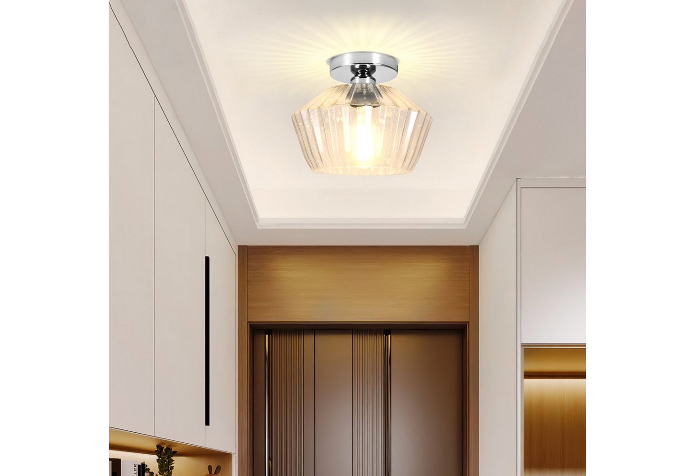 BlingBin Deckenleuchte retro Glas Modern E27 Küchenlampe 25 cm Metall Diamant-Form, E27, ohne Leuchtmittel, mit transparentem gestreiftem Deckenspot für Wohnzimmer Schlafzimmer