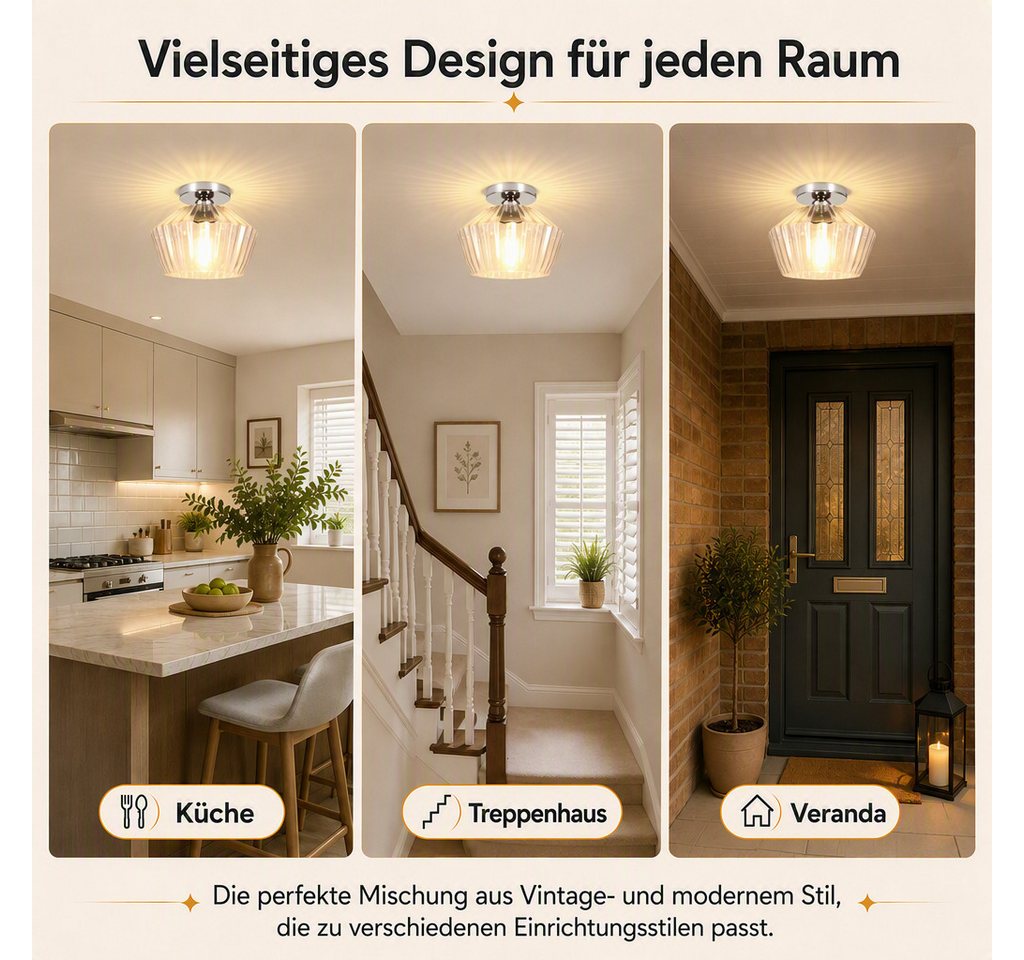 BlingBin Deckenleuchte retro Glas Modern E27 Küchenlampe 25 cm Metall Diamant-Form, E27, ohne Leuchtmittel, mit transparentem gestreiftem Deckenspot für Wohnzimmer Schlafzimmer Bild 3