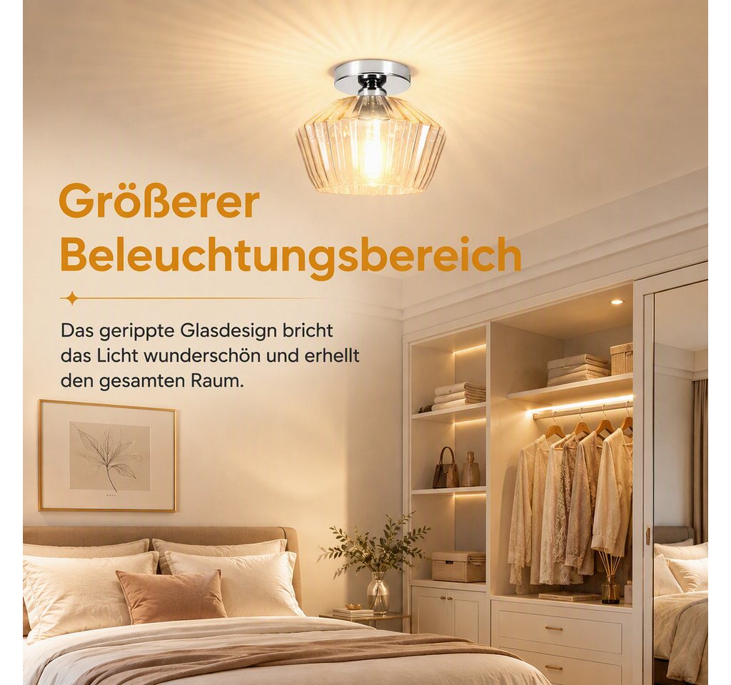 BlingBin Deckenleuchte retro Glas Modern E27 Küchenlampe 25 cm Metall Diamant-Form, E27, ohne Leuchtmittel, mit transparentem gestreiftem Deckenspot für Wohnzimmer Schlafzimmer Bild 4