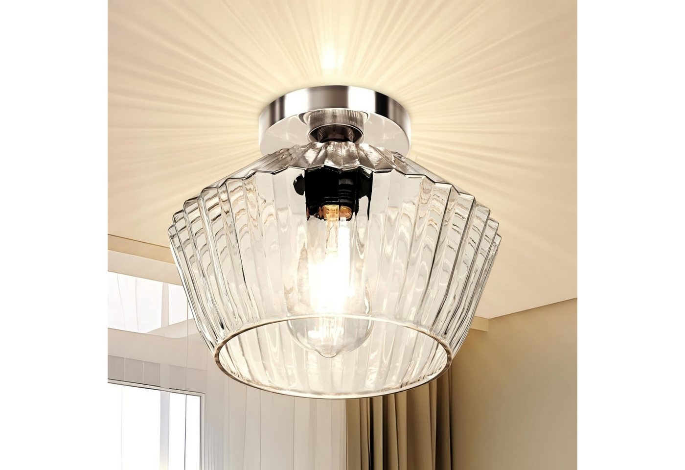 BlingBin Deckenleuchte retro Glas Modern E27 Küchenlampe 25 cm Metall Diamant-Form, E27, ohne Leuchtmittel, mit transparentem gestreiftem Deckenspot für Wohnzimmer Schlafzimmer Bild 5