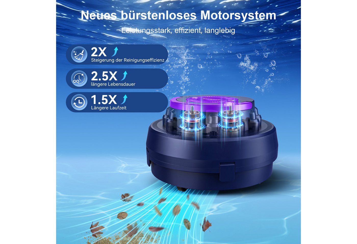 Vankel Poolroboter Poolease Kabelloser zwei Motoren 100 Min 90 m² 6000 GPH wasserdicht, Automatisches Andocken bei Stromausfall, Schnellladefunktion Bild 5
