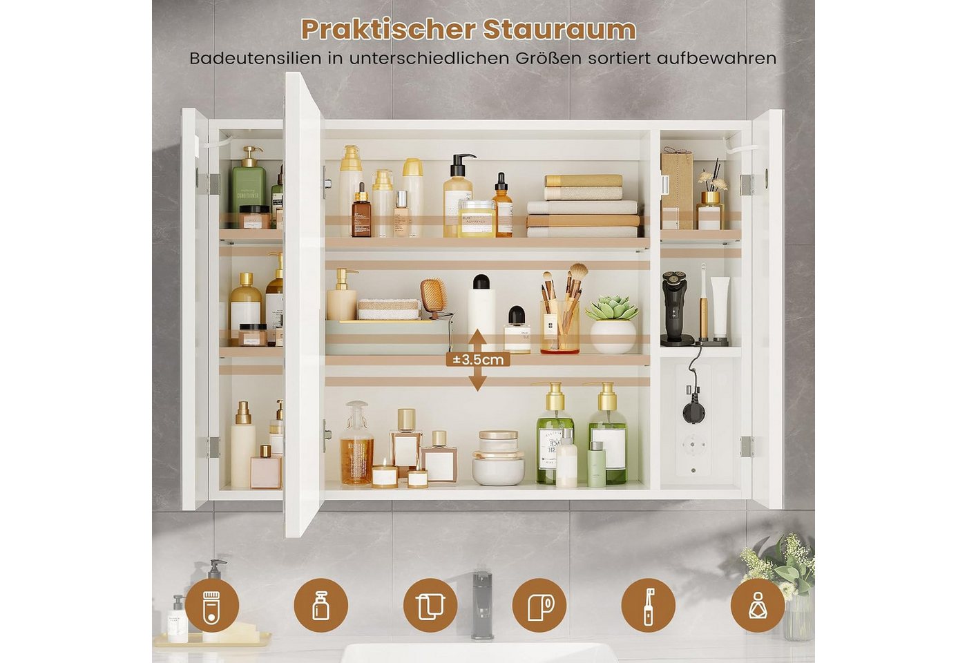 MSMASK Badezimmerspiegelschrank mit LED Beleuchtung & Steckdose, 3 Farben Dimmbar & HD Spiegel, Weiß (1-St) Verstellbare Regale