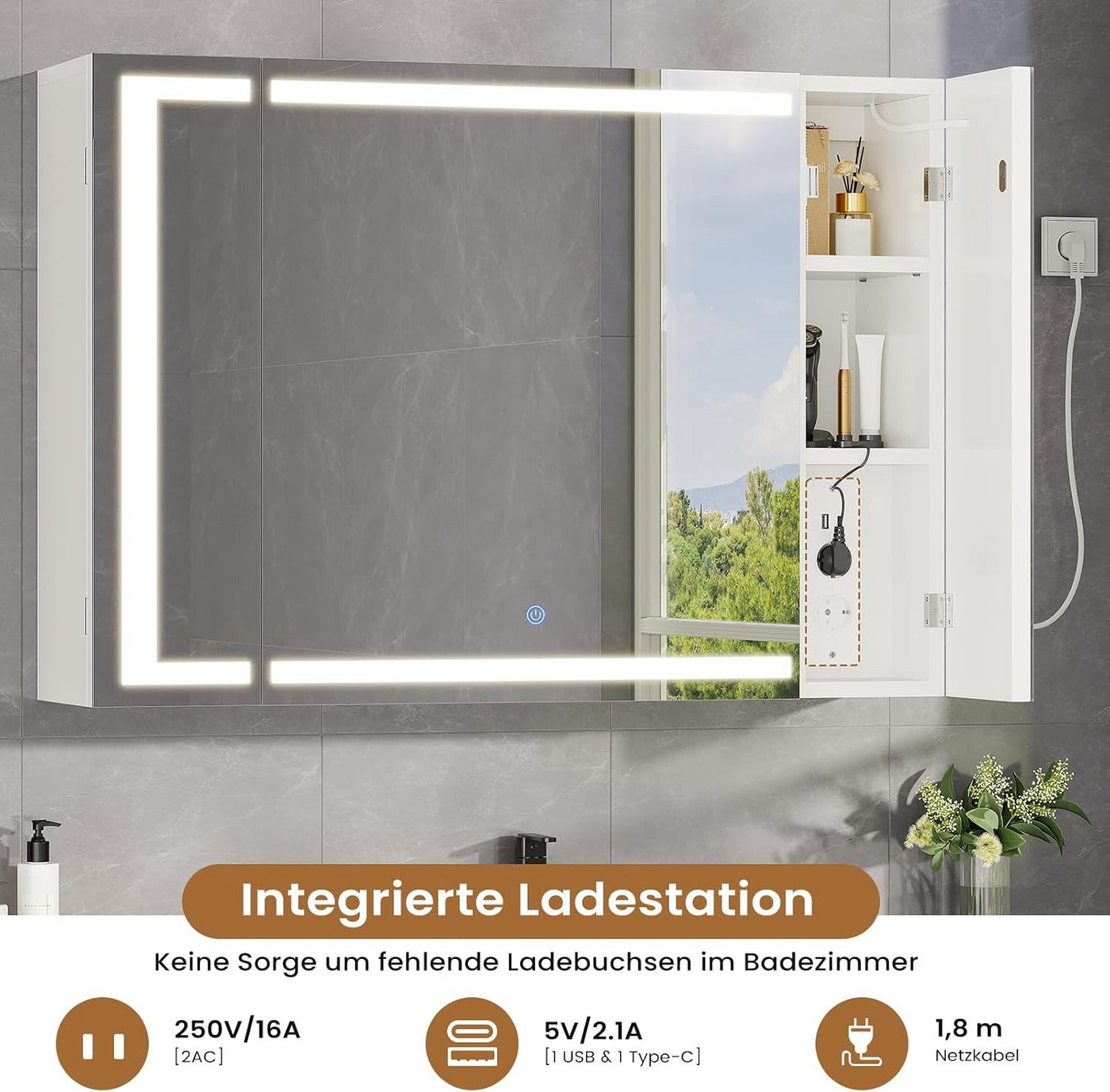 MSMASK Badezimmerspiegelschrank mit LED Beleuchtung & Steckdose, 3 Farben Dimmbar & HD Spiegel, Weiß (1-St) Verstellbare Regale Bild 2