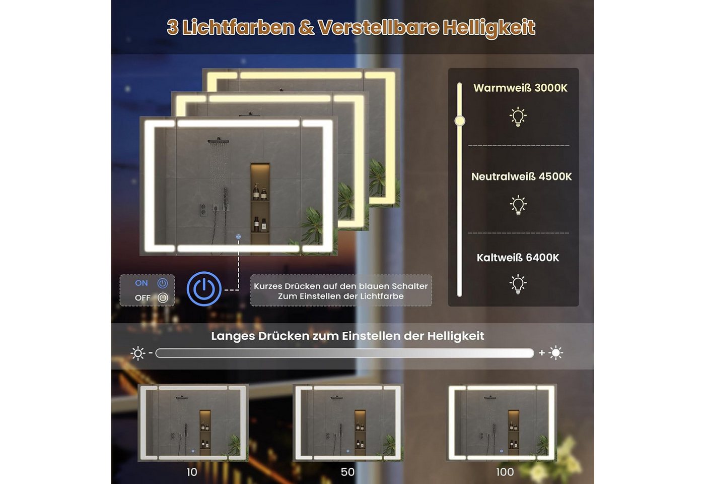 MSMASK Badezimmerspiegelschrank mit LED Beleuchtung & Steckdose, 3 Farben Dimmbar & HD Spiegel, Weiß (1-St) Verstellbare Regale Bild 4