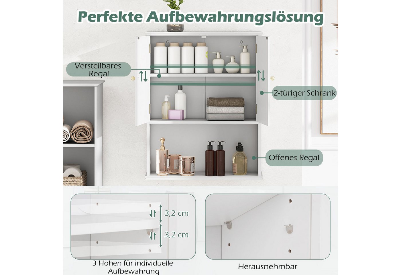 KOMFOTTEU Hängeschrank Medizinschrank Wandschrank mit 2 Türen & Verstellbarer Ablage Bild 5