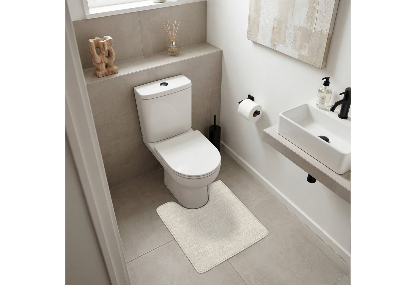 OnlyWow WC-Vorleger Leinen - Textur - Beige, Höhe 10 mm, Polyester, U-Form, Vorleger mit Ausschnitt, Toilettenvorleger, Toilettenteppich Bild 5