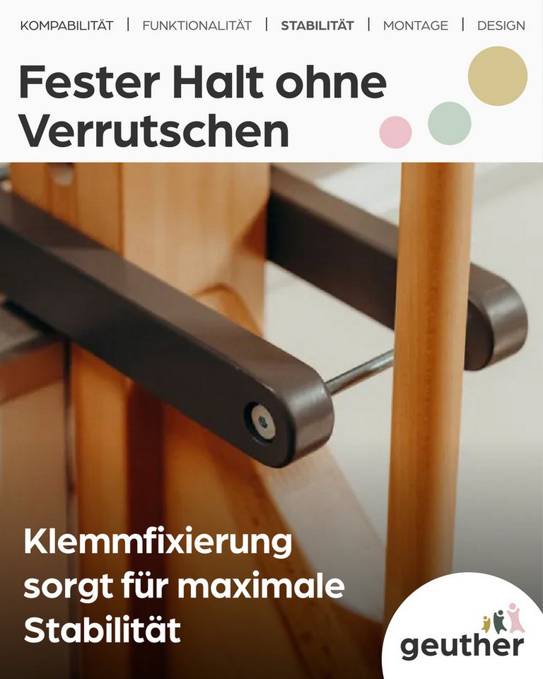 Geuther Treppenschutzgitter Easylock Flatstep Holz 71–133 cm, inkl. Zusatzklemme, ohne Bohren, Treppenschutzgitter