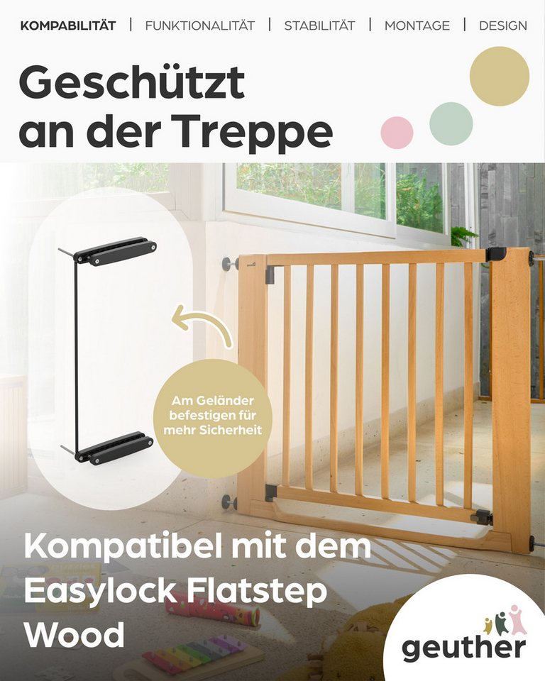 Geuther Treppenschutzgitter Easylock Flatstep Holz 71–133 cm, inkl. Zusatzklemme, ohne Bohren, Treppenschutzgitter Bild 2